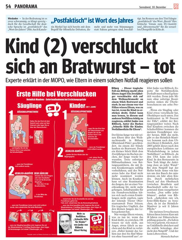 Zeitungsartikel "Kind (2) verschluckt sich an Bratwurst - tot"